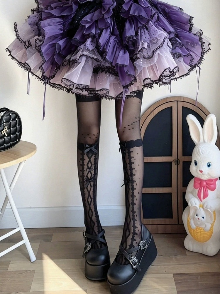 Bow-Accented Sheer Polka-Dot Lolita Over-The-Knee Stockings, Black & White - Milkcat Studio
