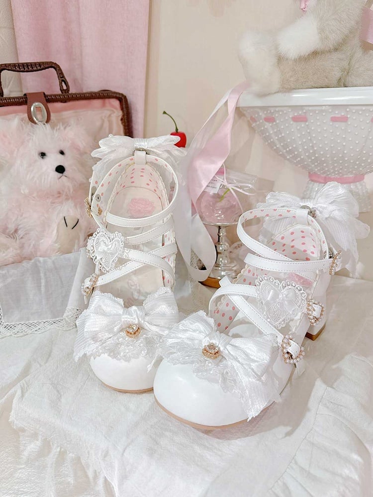 Lolita Crisscross Schnalle Heels 5CM Bowknot Design Details Herz Schuhe Block Weiß Straps Süße