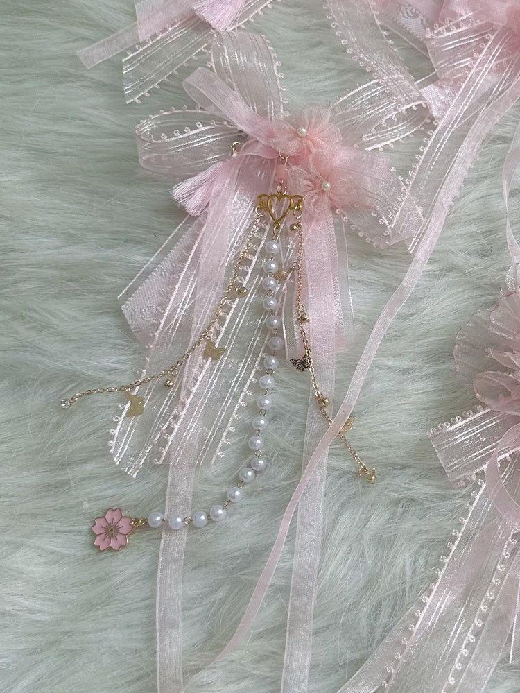 Hairclip Ribbon Pearl With Floral Bowknot Pink Lolita Chain Sweet