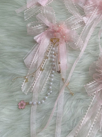 Hairclip Ribbon Pearl With Floral Bowknot Pink Lolita Chain Sweet