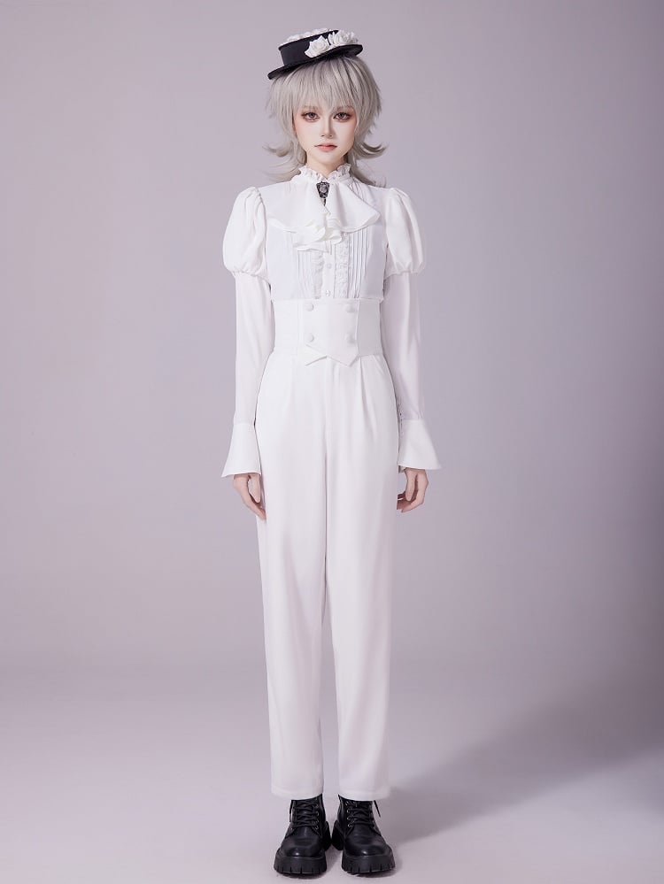 White Long Juliette Sleeve Shirt with Ruffled Neckline and Jabot - DevilInspired Exclusive Collection