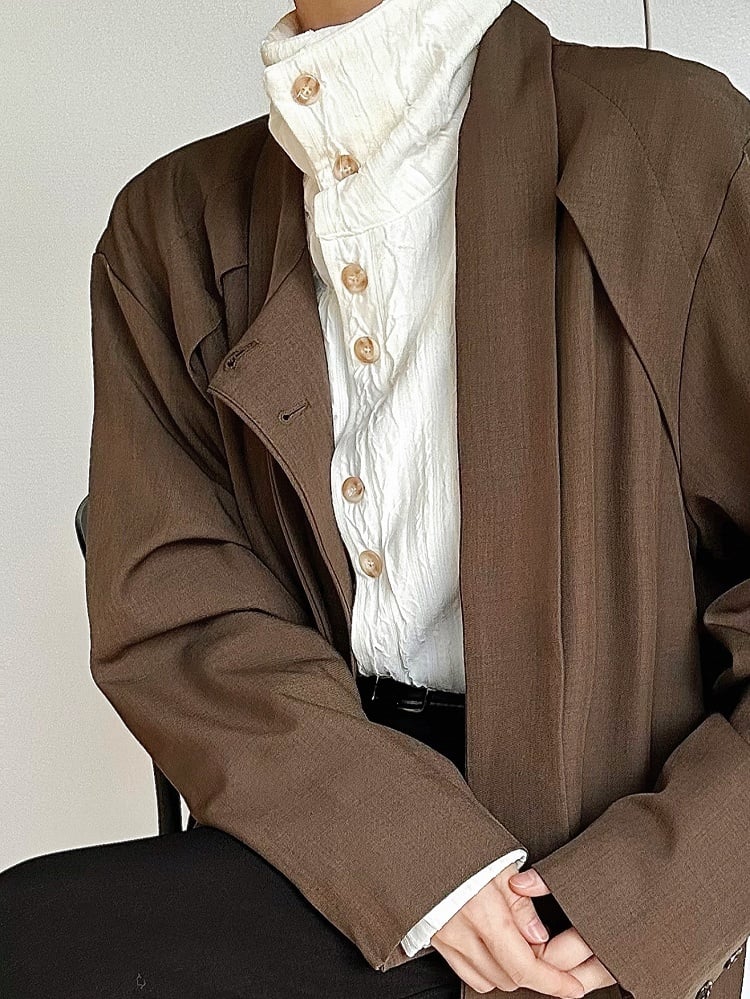 Ouji Cuffs Apricot with Collar Lolita Long Mandarin Textured Shirt Button Sleeve