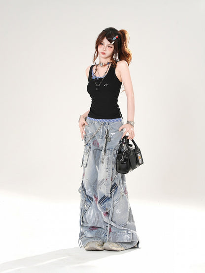 Tank Top Black and Blue Plaid Faux Two-pieces Slim-fitting