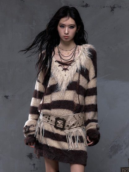 Sweater Vintage Faux Lacing Distressed Collar with Long Striped Yellow Crisscross Brown Punk Mink