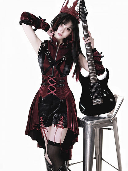 Lolita + Shorts Punk Top Skirt Full High-low Red and Set Black Sleeves Overall Sleeveless - Idol