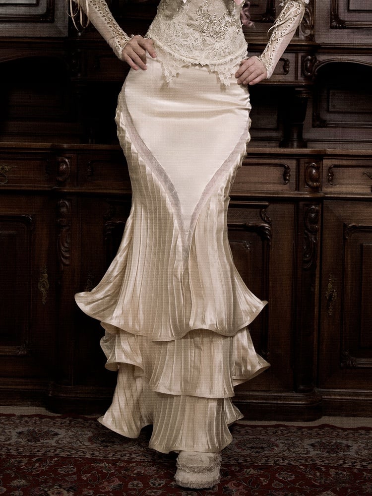 Hem Flounce Light Flowing Pleated Layered Mermaid Design Skirt Beige