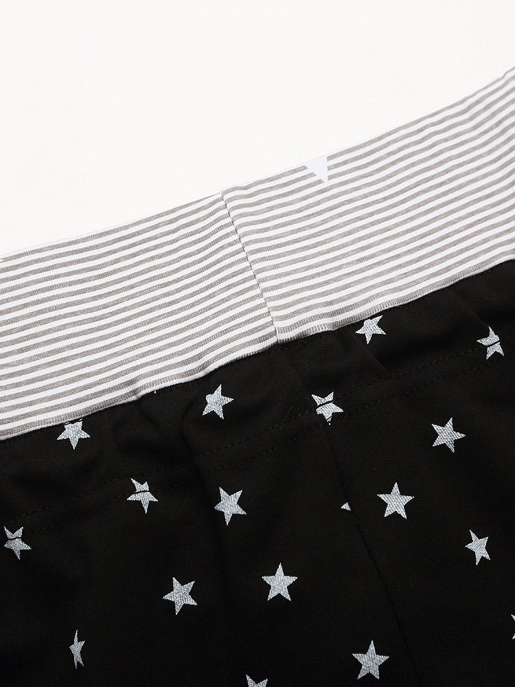 Drawstring Shorts with Star Print & Striped Waistband in Black - Languid Park