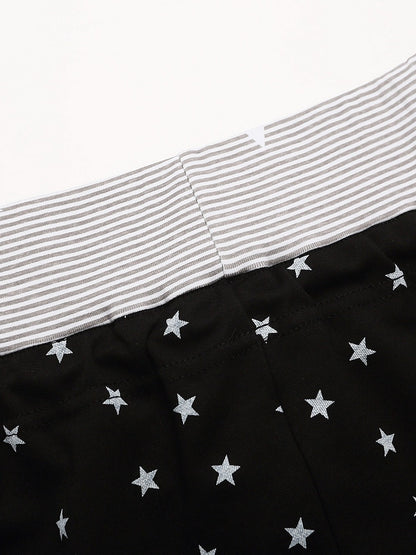 Drawstring Shorts with Star Print & Striped Waistband in Black - Languid Park