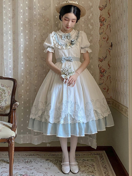 Blue & White Lace Petal Hem OP Dress with Belt and Bow Set - Rosa multiflora