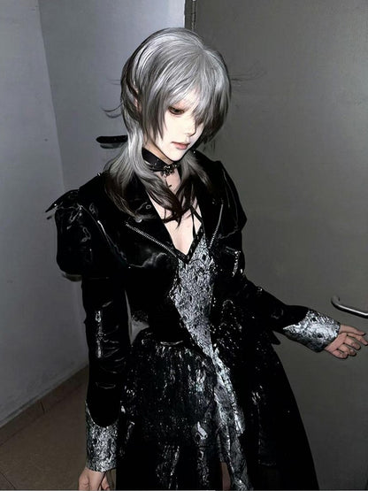 ブラック 45cm 王子前髪 オンブル ストレート グレー スタイル付き 長さウィッグ