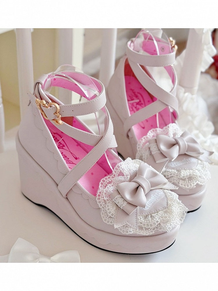 Old School Lolita Round Toe Doll Shoes 9CM Slope Heel with Butterfly Bow Cross Strap - Transfer Student