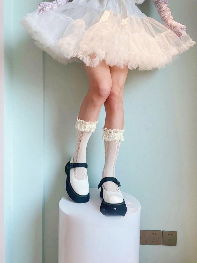 White/Cream Yellow Ruffled Lace Cuff Calf Socks