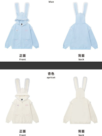 Hellblau/Apricotfarbener Kapuzenpullover mit Hasenohren-Design und Spitzenakzenten