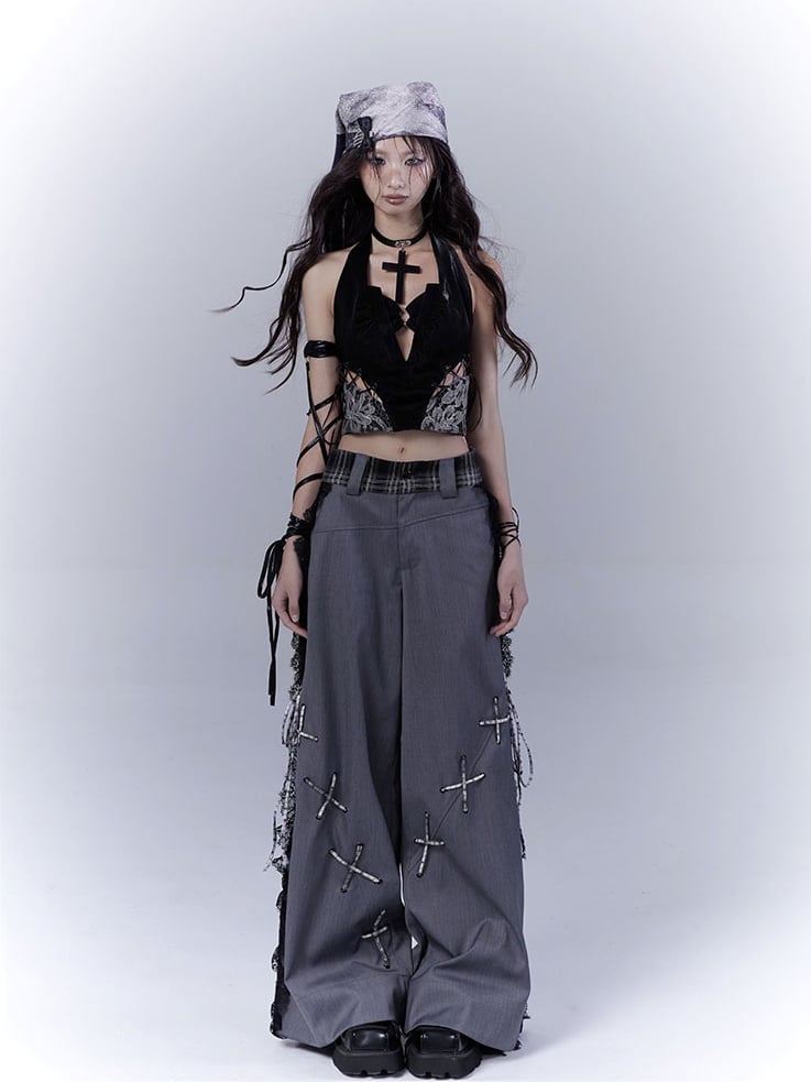 Dark Gray Lace Patches Lace-up with Casual Pants Details Side