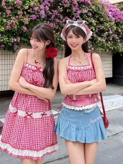 夏用レーストリム、レッドホワイトチェック柄ホルターネックトップ、ホリデー