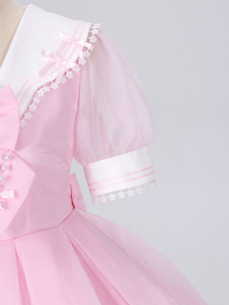 Star Lace Trimmed Sailor Collar Short Sleeves Pink Lolita-inspired Casual Dress with Free Bowtie - Magical Girl - DevilInspired Exclusive Collection