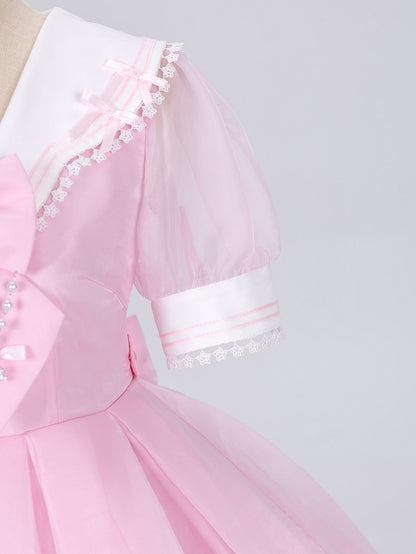 Star Lace Trimmed Sailor Collar Short Sleeves Pink Lolita-inspired Casual Dress with Free Bowtie - Magical Girl - DevilInspired Exclusive Collection