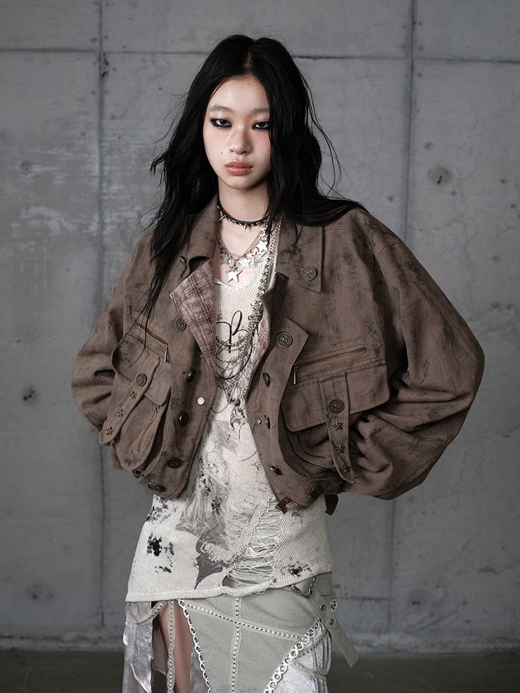 Coffee Pockets Detachable Studded Punk 3D Suede Collar Jacket Fur with Zipped Faux