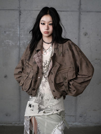 Coffee Pockets Detachable Studded Punk 3D Suede Collar Jacket Fur with Zipped Faux