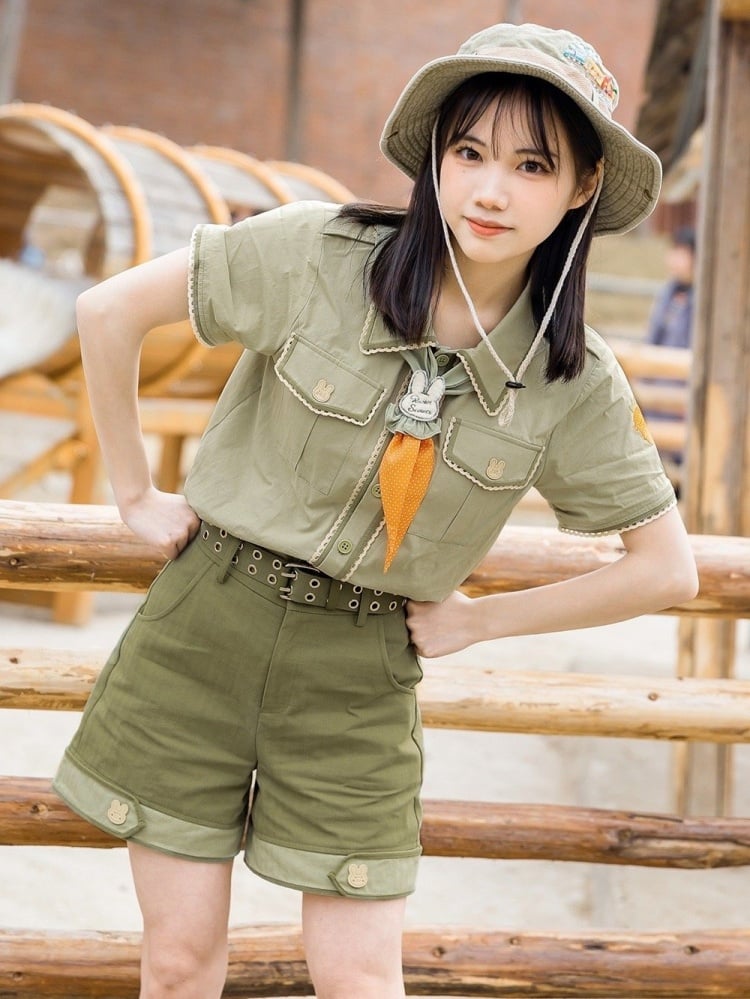 Chemise verte à boutons de lapin mignons Ouji Top