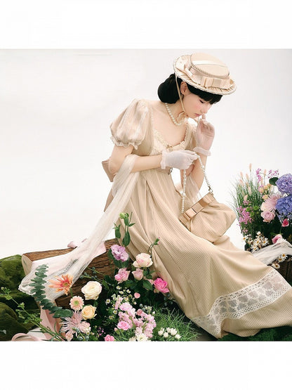 Champagne Elegant Short-Sleeved Empire Waist Lolita OP Gown with Lace Accents - KOMOMO