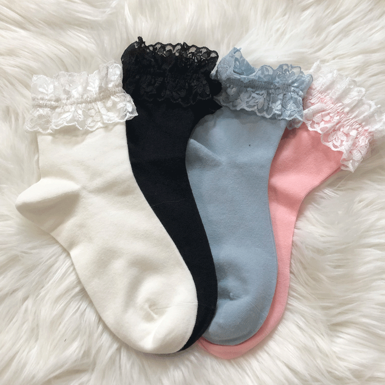 4 Chaussettes Lolita en Coton à Bordure Dentelle de Couleurs Variées