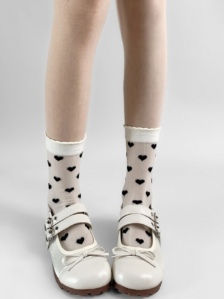 WhiteBlack/Purple Calf Heart Socks Ribbed Trim Embroidery