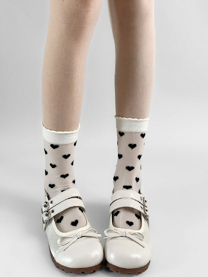 WhiteBlack/Purple Calf Heart Socks Ribbed Trim Embroidery