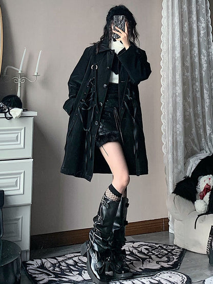 Coat with Loops Lacing Chest Black Crisscross Plush-Lined Punk
