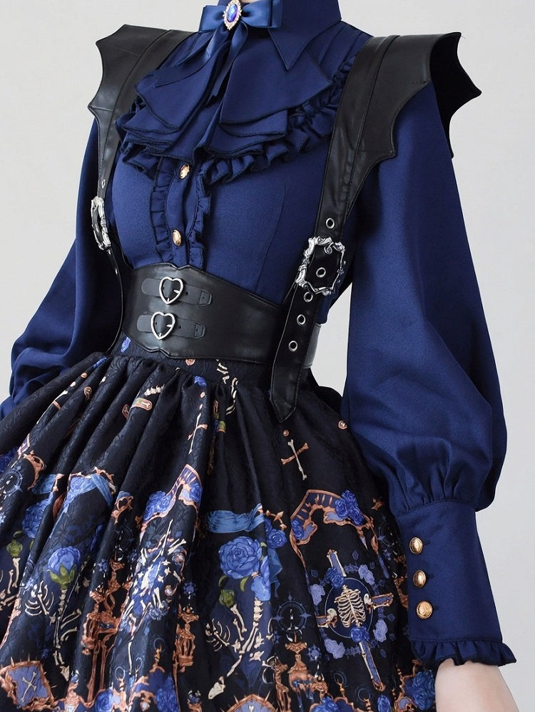 Vintage Navy Flounce Hem Lolita Blouse with Leg-of-Mutton Sleeves - Time Memory