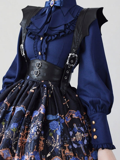 Vintage Navy Flounce Hem Lolita Blouse with Leg-of-Mutton Sleeves - Time Memory