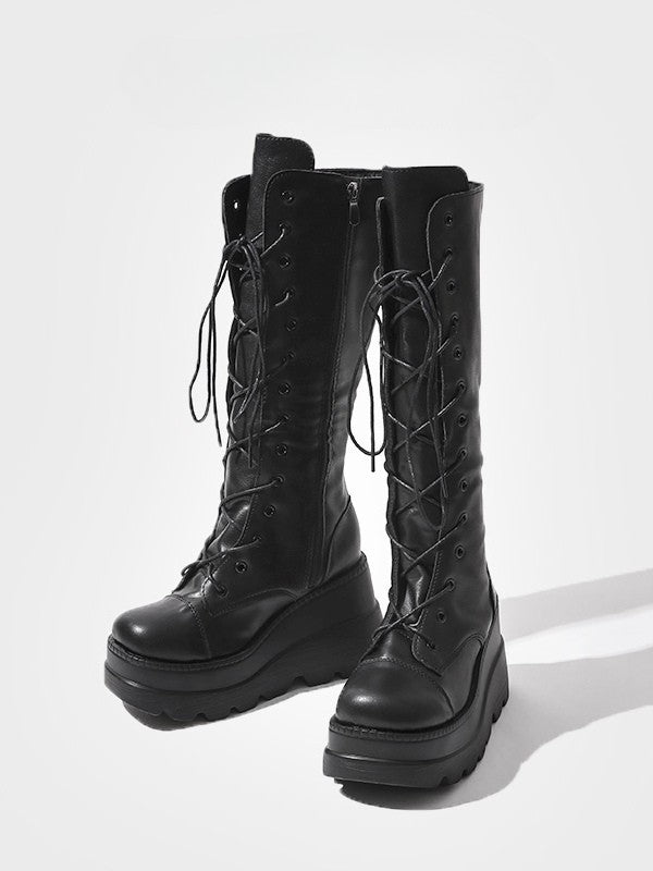 Fashion Side with - Knee-High Closure Gothic Design Dual System Platform Zip Black Lace-Up Boots in