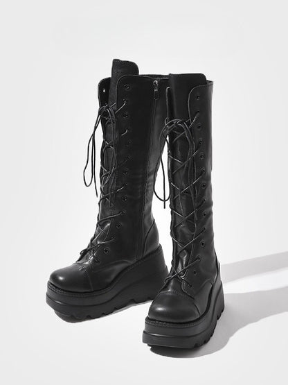 Fashion Side with - Knee-High Closure Gothic Design Dual System Platform Zip Black Lace-Up Boots in