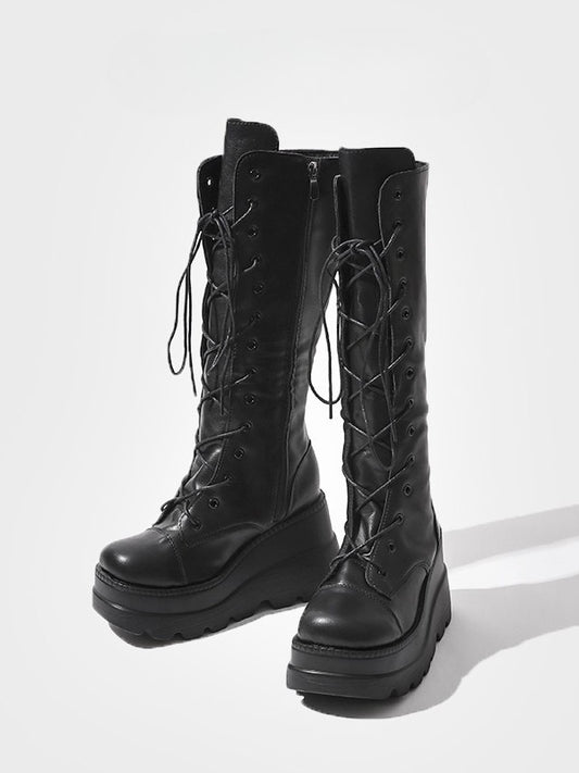 Fashion Side with - Knee-High Closure Gothic Design Dual System Platform Zip Black Lace-Up Boots in