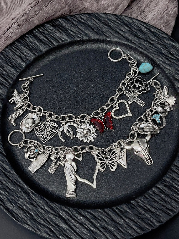 ブレスレット Y2K シルバー/レッド＆バタフライクロスハートチャーム