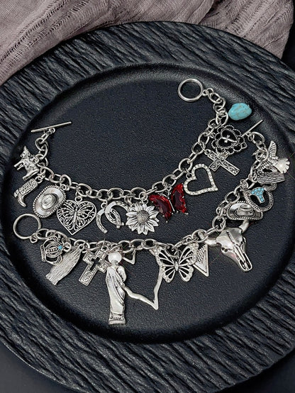 ブレスレット Y2K シルバー/レッド＆バタフライクロスハートチャーム