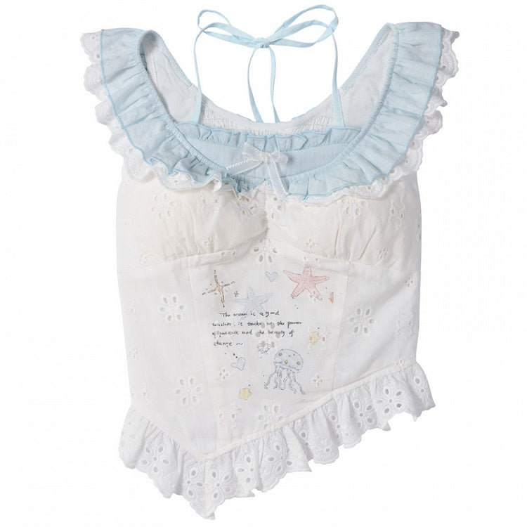 Ärmelloses Top mit gebogenen Ärmeln, weißem Saum, Seestern- und Quallen-Graffiti-Flatter