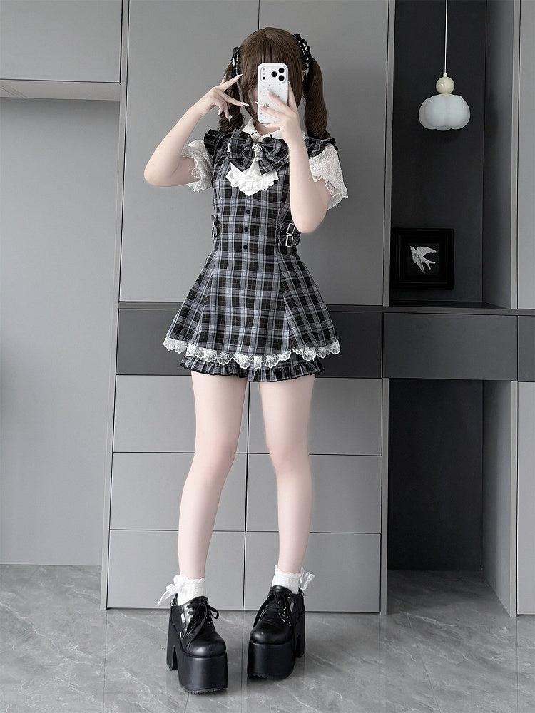 Jabot Black & White Jirai-Kei Plaid Short Sleeve Gown with Lace Bow Accents + Matching Shorts Set - Puzzles