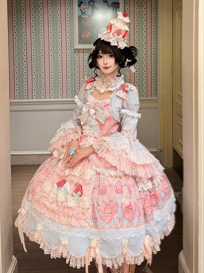 Blue & Pink Strawberry Cake Print Bell Sleeve Lolita Dress - Ball Lolita