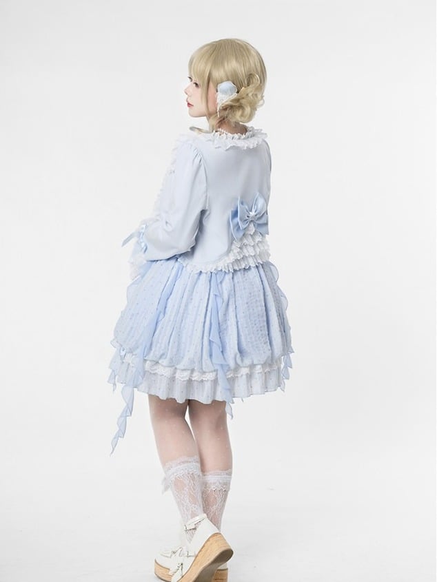Blue Polka Dot Bow Sleeveless Bubble Dress with Lace - Tan Tuan