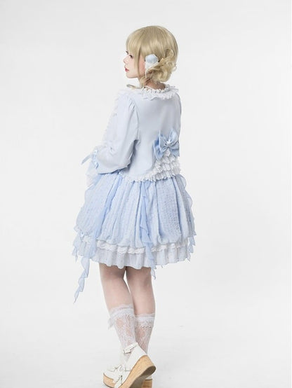 Blue Polka Dot Bow Sleeveless Bubble Dress with Lace - Tan Tuan