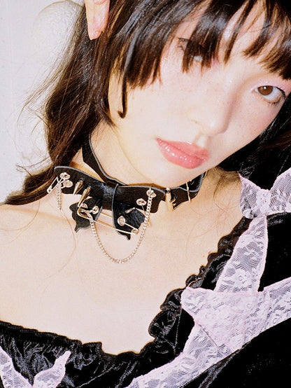 PU Details Black Accents Safety with Punk Chain Pin Studed Butterfly Choker