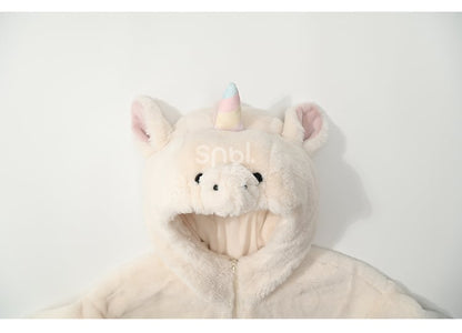 Beigefarbener Fleece-Kapuzenpullover mit Buchstabenmuster und Einhornkopf