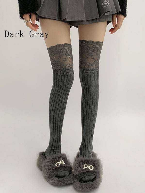 Spitzenstrümpfe mit Overknee-Besatz in Grau/Beige/Hellgrau/Weiß/Schwarz/Dunkel