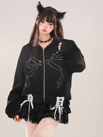 Black Rhinestone Bow Lace-up Detail Zip Hoodie
