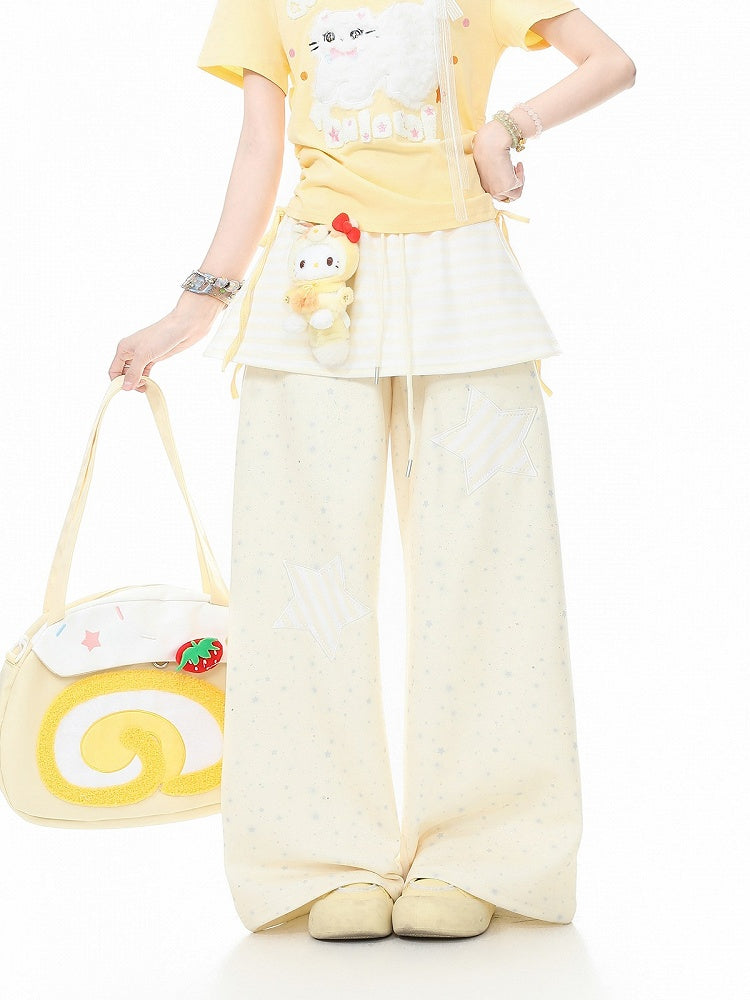 Yellow Star Patches Straight Pants with Striped Overlay Detail - Languid Park