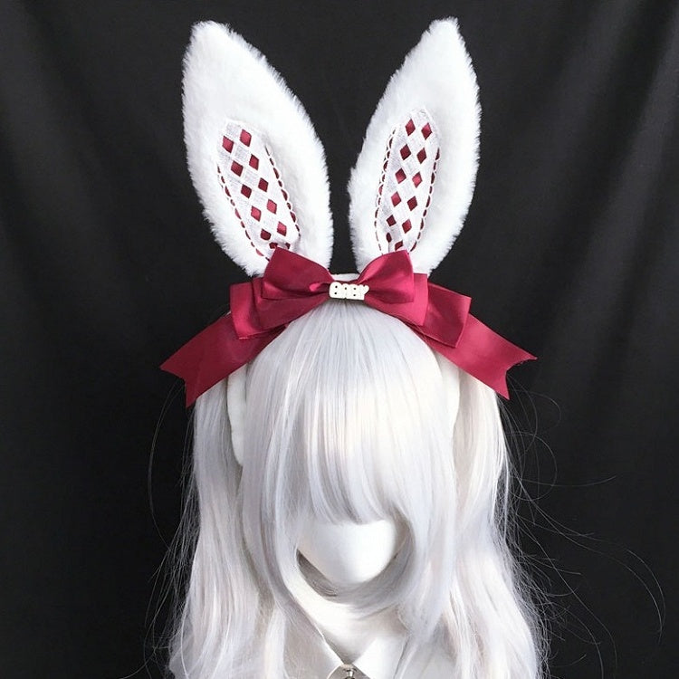 Bow Decorated Alice Diamond KC White Pattern Ear Bunny Lolita Faux Pink/Red/Black/Black with Vibes