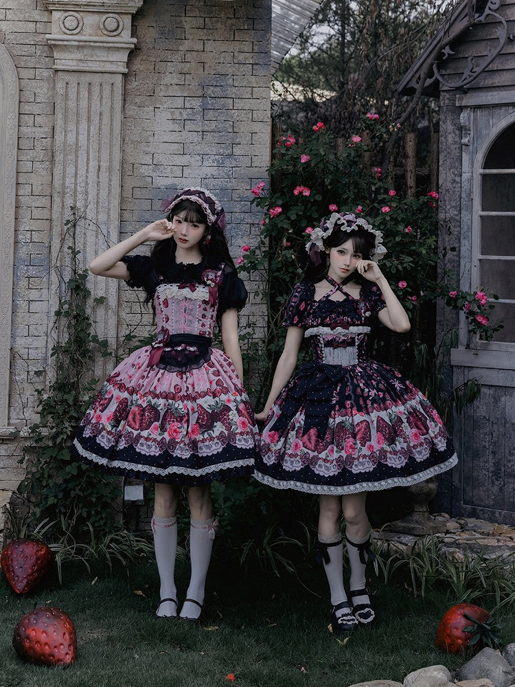 Black Strawberry Square Neck Puff Sleeve Lolita OP