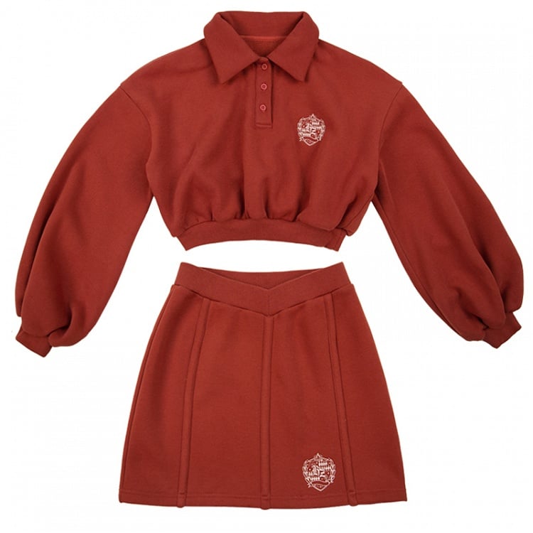 Vintage Preppy Red Polo Collar Crop Sweatshirt with Embroidered Badge / High Waist Skirt
