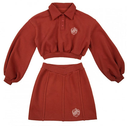 Vintage Preppy Red Polo Collar Crop Sweatshirt with Embroidered Badge / High Waist Skirt